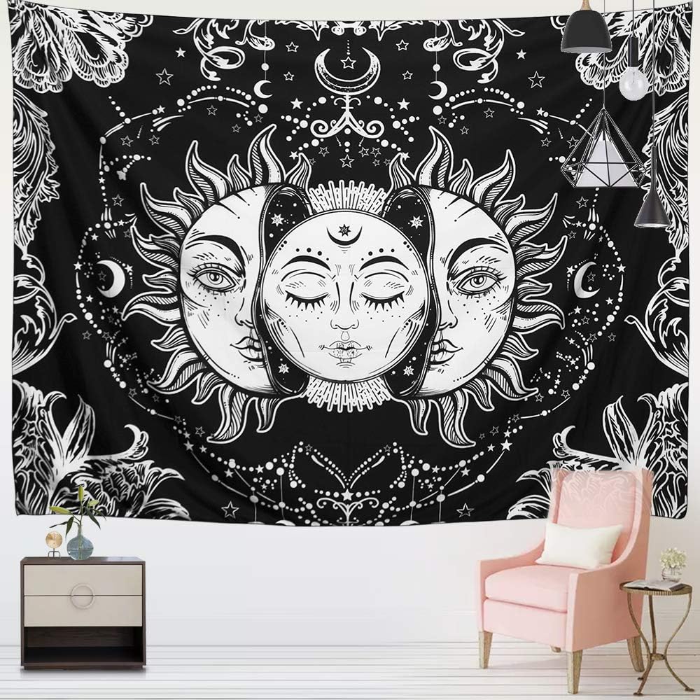 ARFBEAR Sun and Moon Tapestry, Burning Sun with Stars, Black and White Psychedelic Wall Hanging (59 x 59 in)