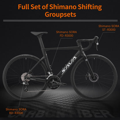 SAVADECK Carbon Disc Road Bike, Integrated Design Racing Bicycle Carbon Frame Carbon Fork with Shimano SORA R3000 Derailleur System 18 Speed Disc Brake Road Bike for Men or Women(White,54cm)