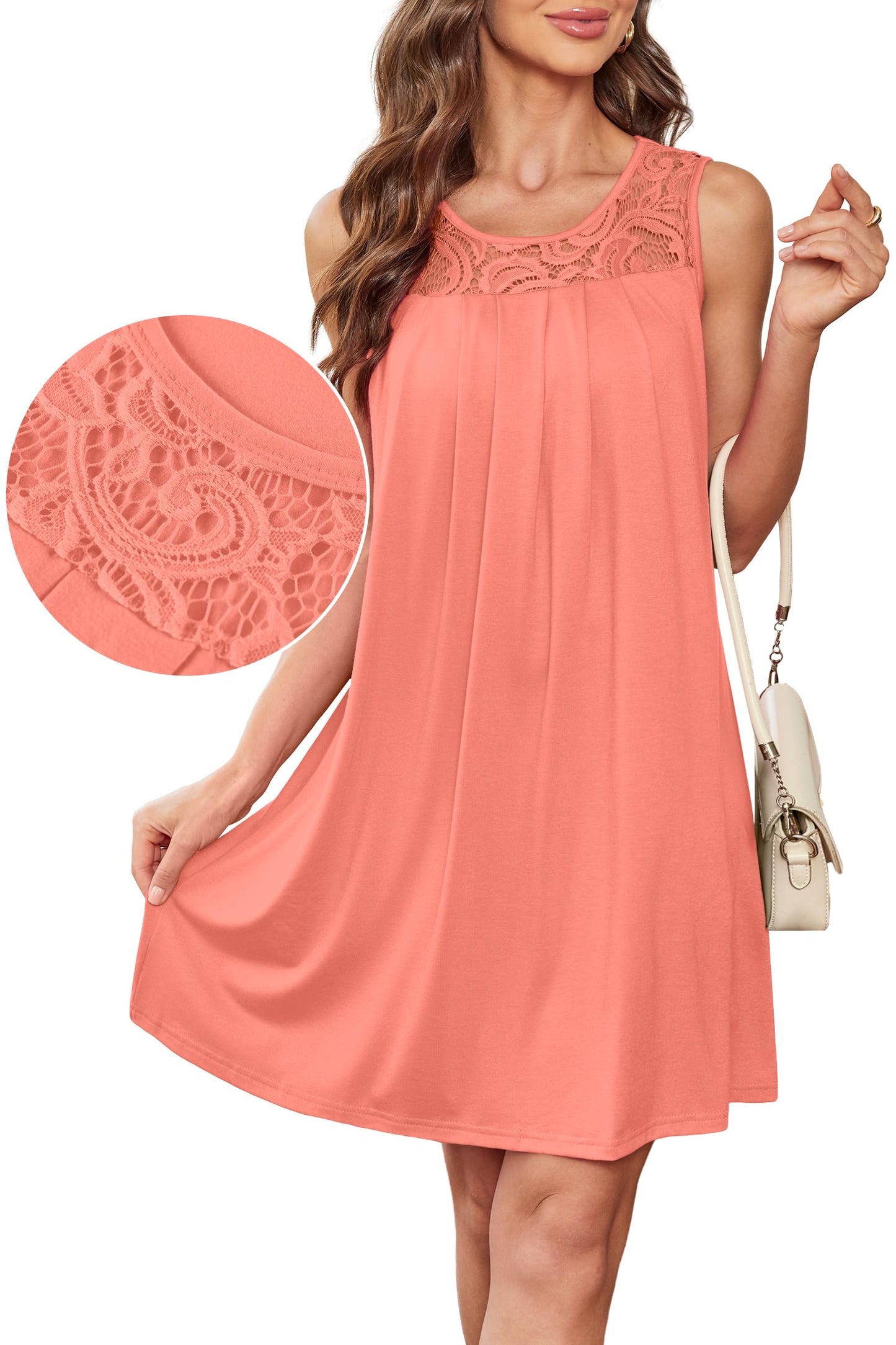 BKRIVE Sundresses for Women 2025 Vacation Sleeveless Pleated Beach Cover Up Summer Dresses Loose Short Dress Coral L