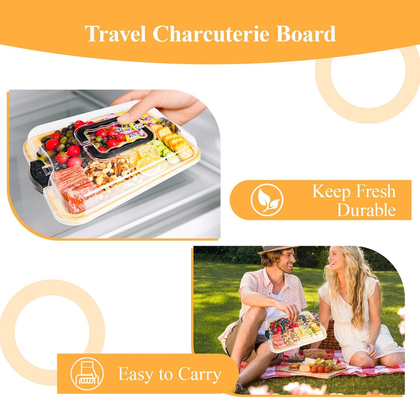 ACCL Bamboo Charcuterie Board 1-Compartment with Locking Lid, Ergonomic Handle & Knives Set - Portable Food/Cheese Serving Tray, Reversible Cutting Board for Picnic, Party & Gatherings (Pack of 12)