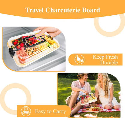 ACCL Bamboo Charcuterie Board 1-Compartment with Locking Lid, Ergonomic Handle & Knives Set - Portable Food/Cheese Serving Tray, Reversible Cutting Board for Picnic, Party & Gatherings (Pack of 12)