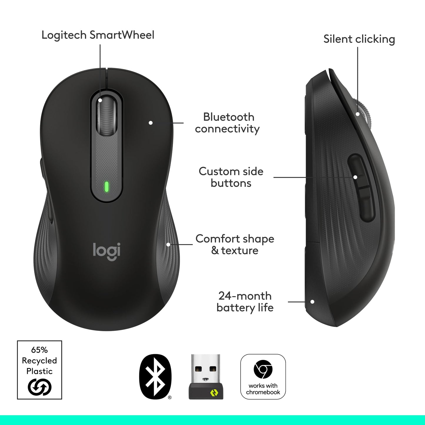 Logitech Wireless Mouse Signature M650 L Full Size - Large Hands, 2-Year Battery, Silent Clicks, Customizable Buttons, Bluetooth, PC/Mac/Chromebook - Black, Right-Handed, Large