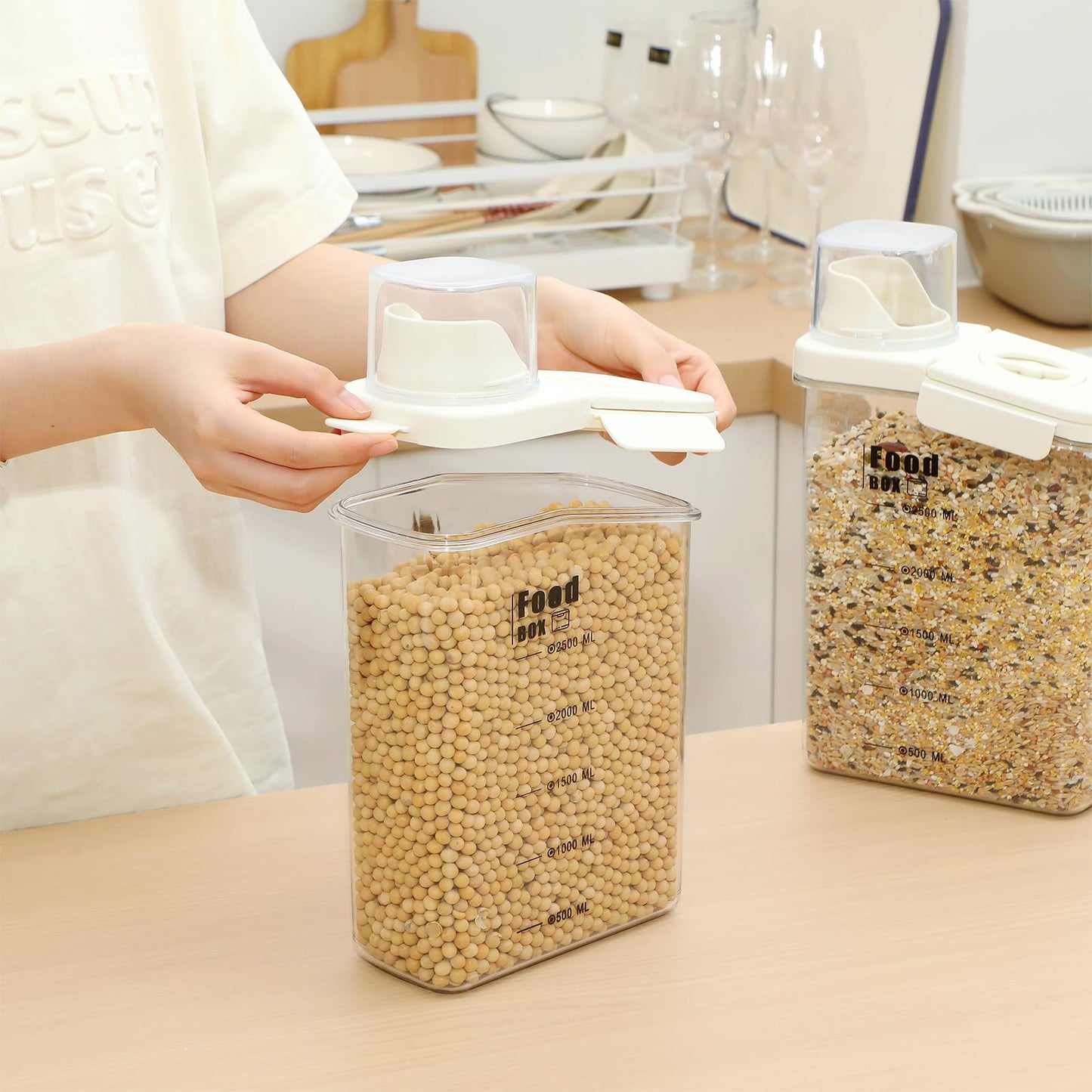 Blushtier 4 PCS Cereal Containers Storage 2.5L Airtight Large Dry Food Containers with Pouring Spout Cereal Storage Dispenser Measuring Cup for Flour and Baking Supplies, White