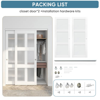 JUBEST Sliding Closet Door 60"(Double 31") x 80", 3-Lite Frosted Glass Bypass Door with Hardware Kit & Matching Fascia, Pre-Drilled Solid Wood Slab with Water-Proof PVC Surface, Easy to Install, White