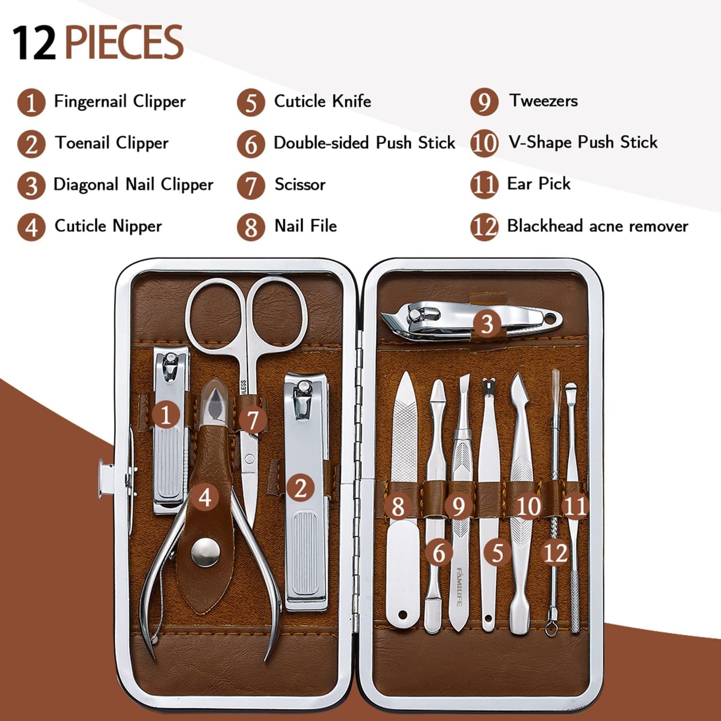 FAMILIFE Manicure Set, Nail Professional Kit Manicure Kits Nail Clipper Sets, 13PCS Stainless Steel Pedicure Sets Mens Grooming Tool, with Brown Leather Travel Case for Men