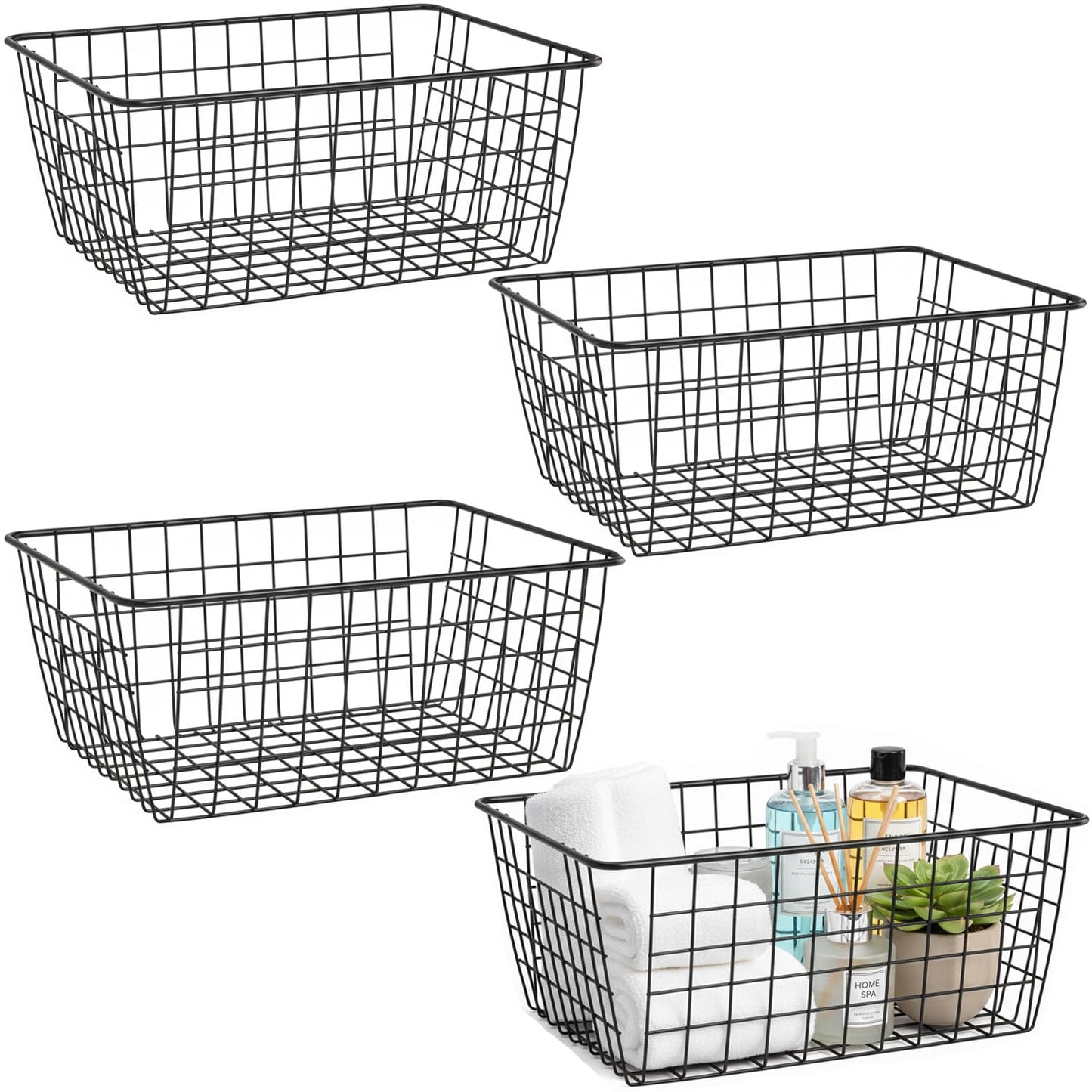 HDYOUDO Metal Black Large Wire Basket Food Storage Organizer,pantry organizers and storage for Organizing Kitchen Cabinets potato onion, 4 Pack