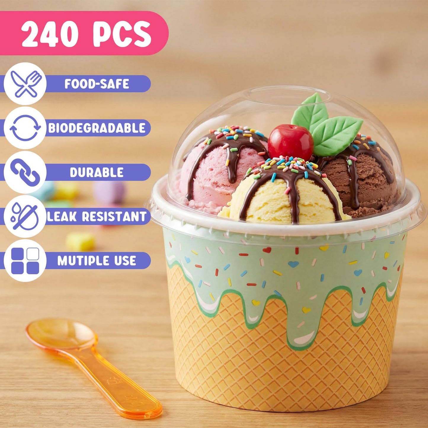 Jingmore 240 Set 4oz Ice Cream Paper Cups with Lids and Spoons, Disposable Sundae Bowls, Dessert Cups for Birthday Party Supplies, Paper Ice Cream Bowls Bulk for Yogurt, Snacks