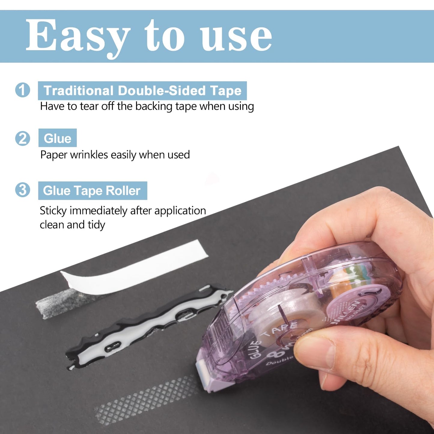 HUIRUSO 4 Pack Double Sided Tape Roller, Scrapbook Supplies, Glue Tape Roller for Crafts, Double-Sided Adhesive Tape Runner for Scrapbooking, School Office Journaling Supplies (0.31 in X 26.25 ft)