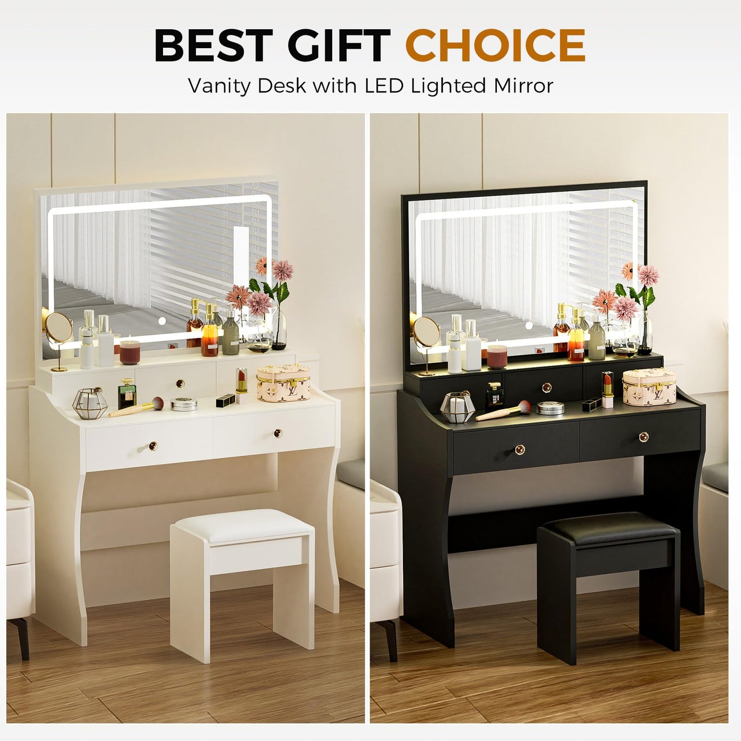 COMHOMA Makeup Vanity Desk with Mirror and Lights, Vanity Table and Chair Set with 5 Drawers and Charging Station, Bedroom Dresser LED Mirror Stepless Dimmable & 3 Color Modes Adjustable, White