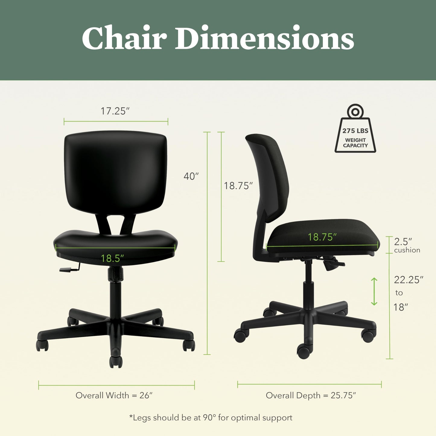 HON Volt Ergonomic Office Chair with Bonded Leather Seat and Back, Armless Desk and Computer Chair with Adjustable Center‑Tilt Recline and Wheels for Home Office or Workstation, Black