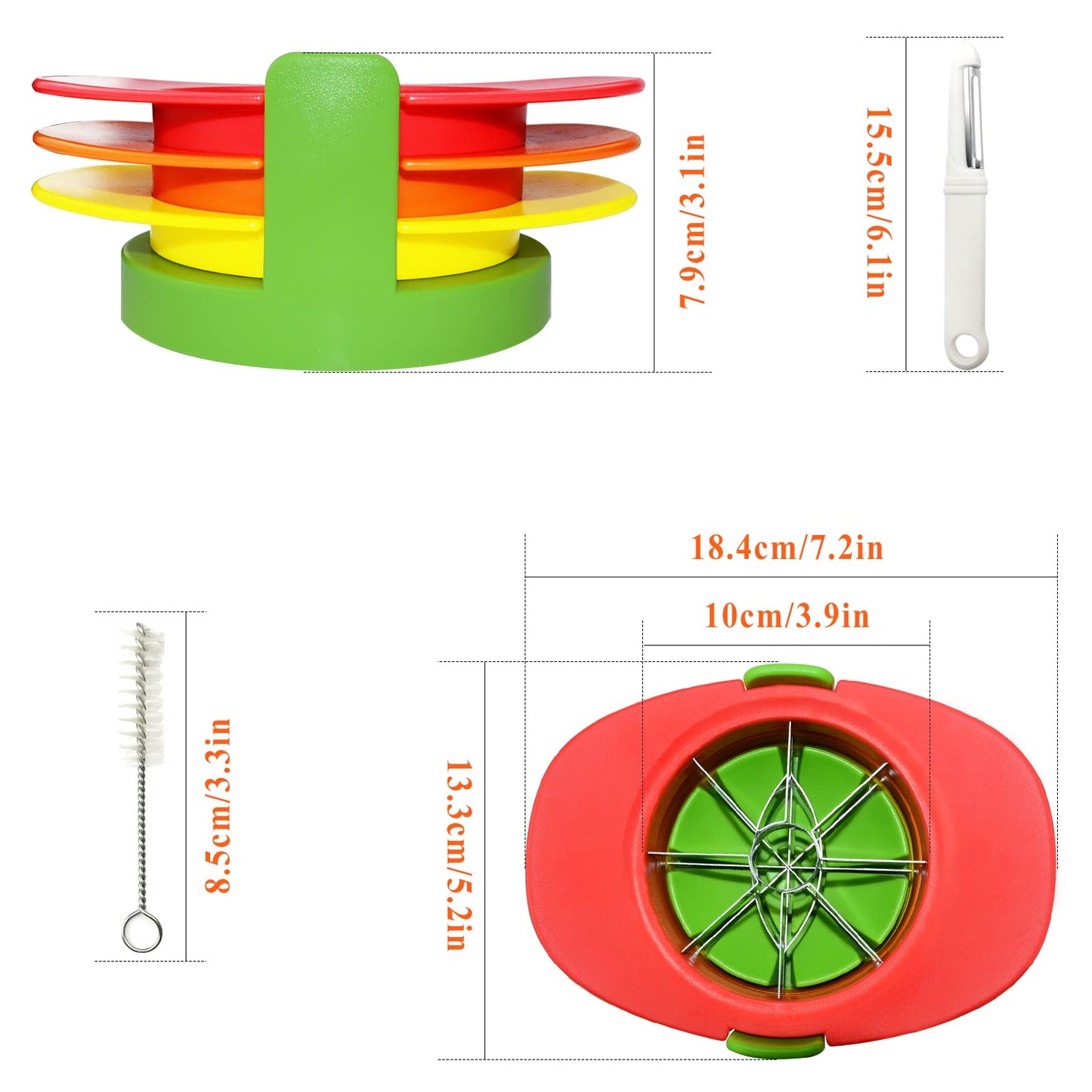 Fruit Cutter Slicer, 4 in 1 Apple Slicer with Vegetable Peeler & Cleaning Brush Mango Cutter Corer Remover Tomato Wedges Stainless Steel Heavy Duty Fruit & Vegetable Cutter Easy Kitchen Tool