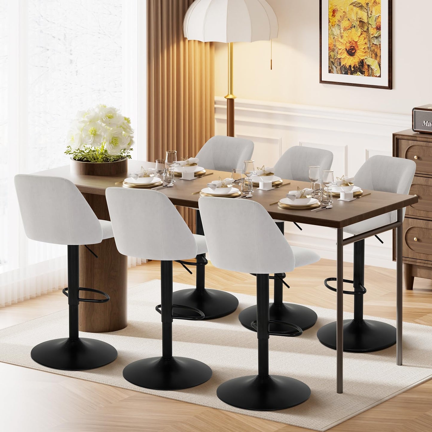 COLAMY Bar Stools Set of 4, Modern Swivel Bar Chairs, Adjustable Upholstered Barstools Counter Height with Full Backrest for Bar, Dining Room, Kitchen Island, Grey