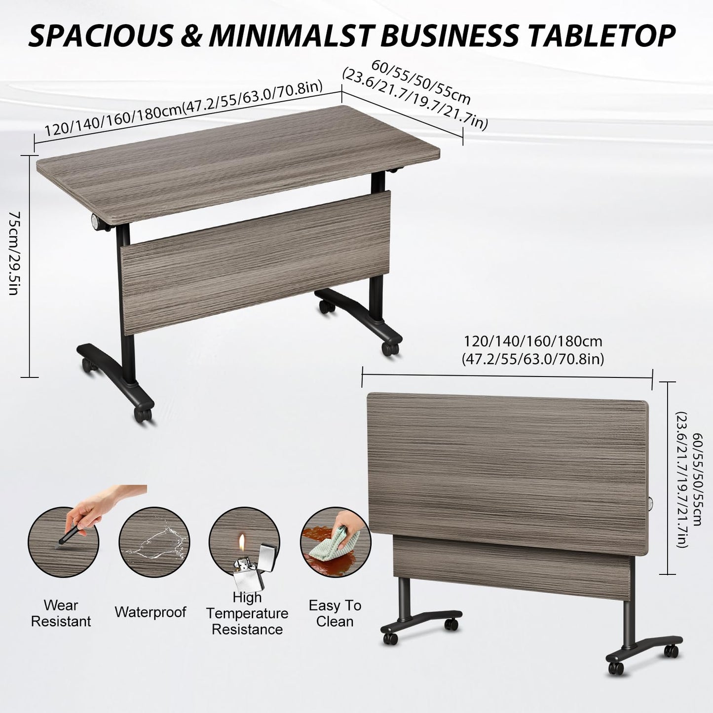 Folding Conference Room Table with Wheels, 6ft Modular Large Mobile Modern Conference Tables Office Meeting Training Table for Classroom(2, Gray, D 55")