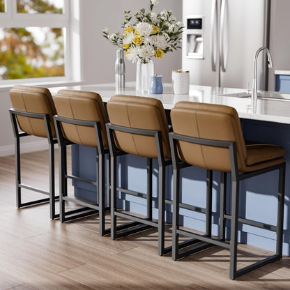 Sucrever Brown Bar Stools Set of 4, 24 inch Leather Counter Stools with Backs and Metal Frame, Counter Height Bar Stools for Kitchen Island