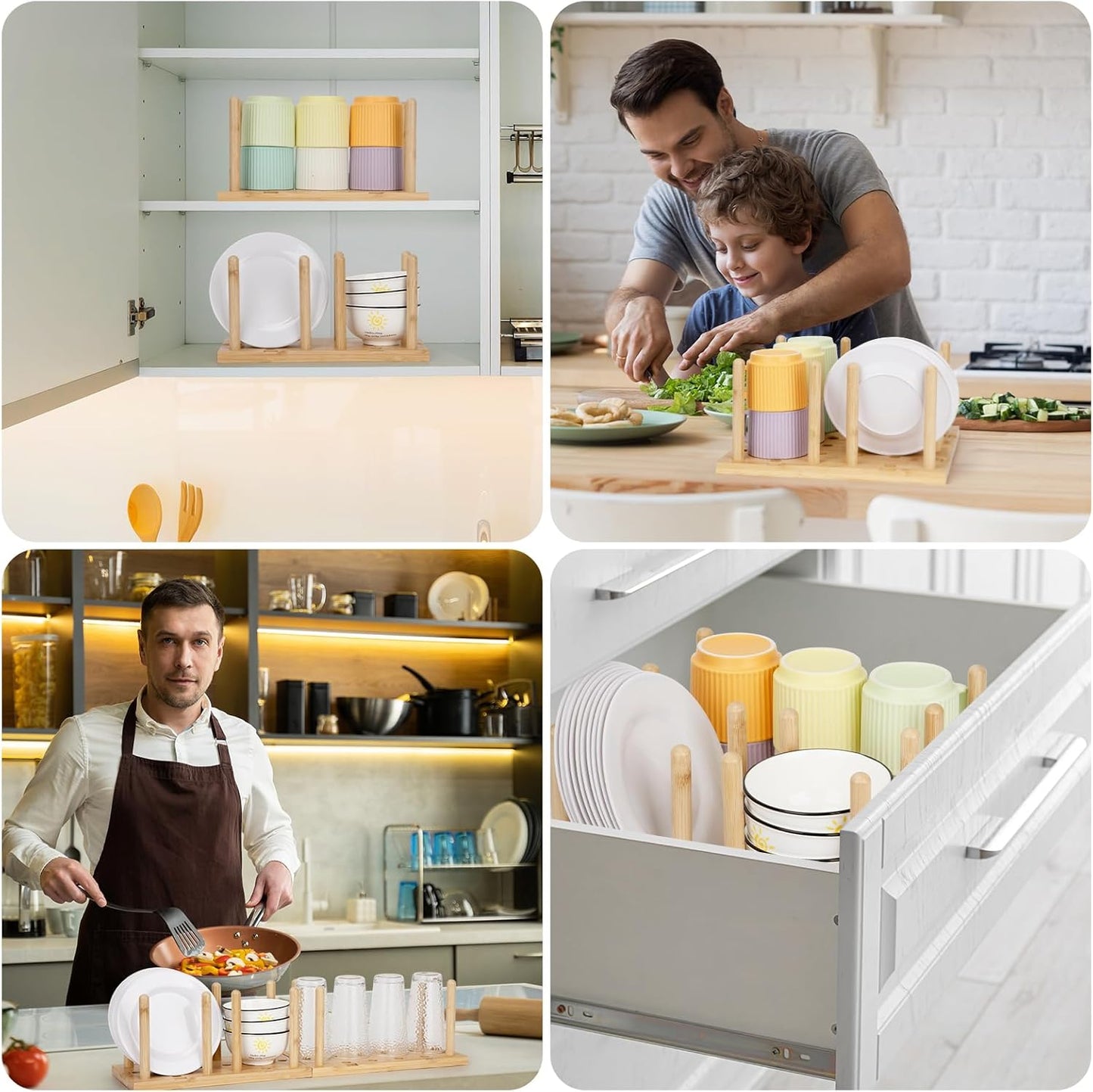 Peg Board Drawer Organizer for Kitchen, Organizers for Dishes, Plates, Bowls, 2 Boards & 12 Pegs for Cabinet Storage