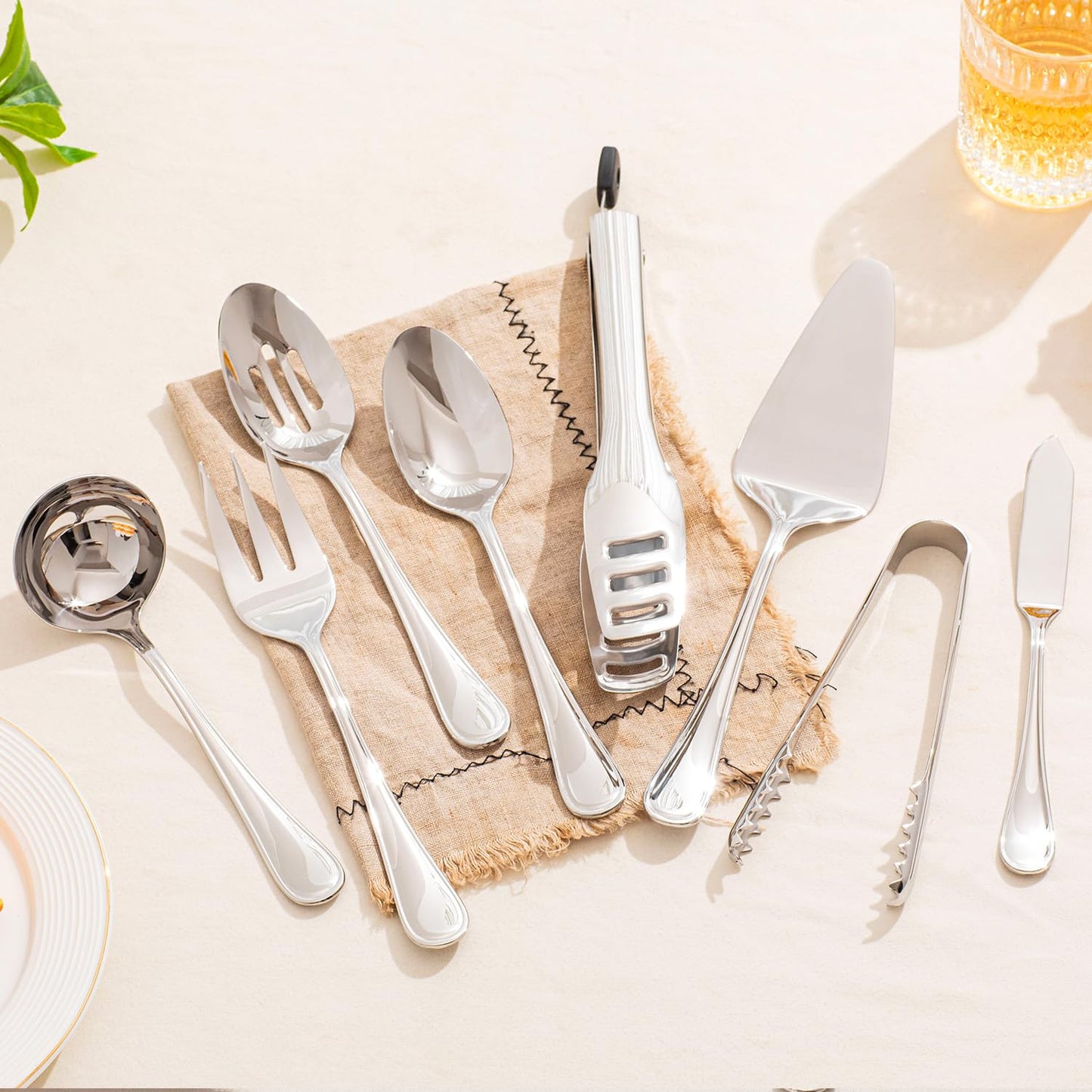 KINGSTONE 8 Piece Teardrop Serving Utensils Set, 18/10 Stainless Steel Serving Utensils, Slotted Spoons, Forks, Tongs, Cake Server, Butter Knife for Buffet, Catering, Wedding, Party