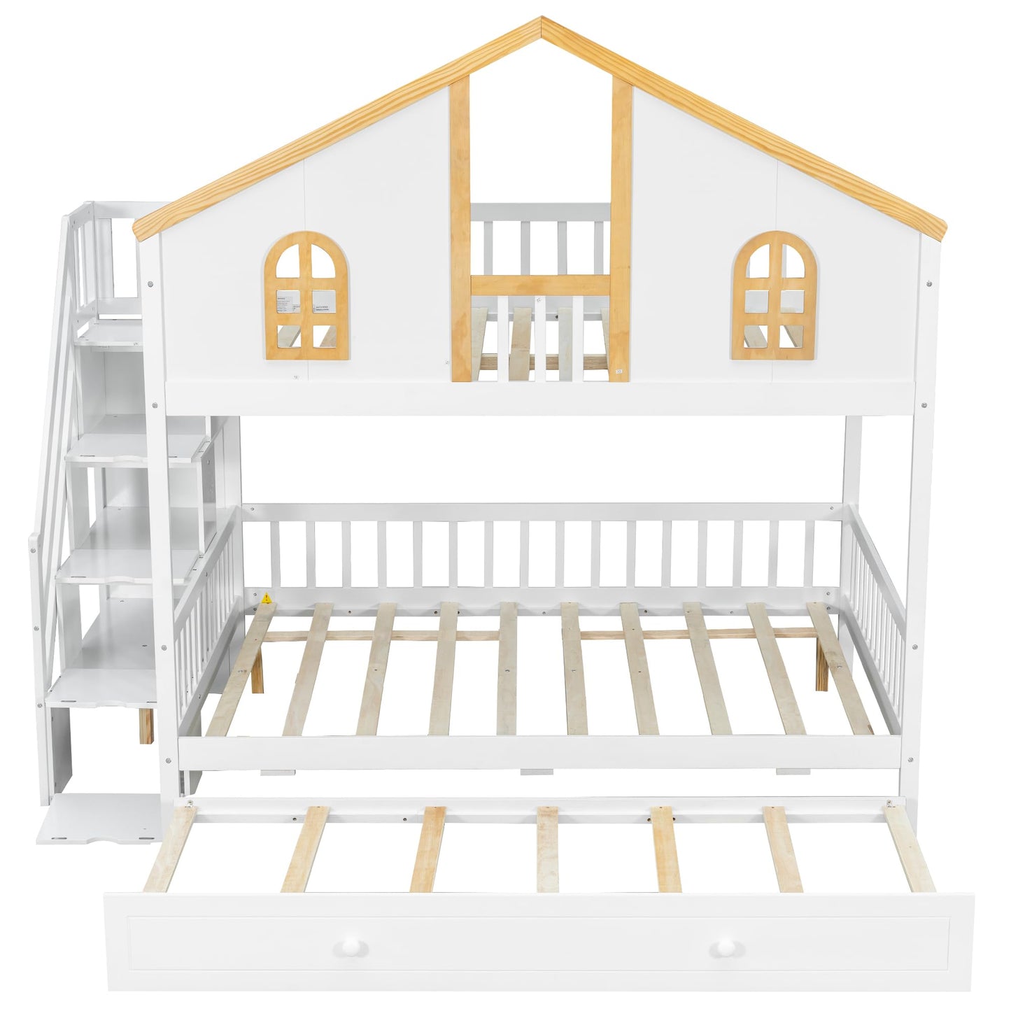 Merax Full Over Full Wooden Bunk Bed with Trundle and Storage Staircase, Full Size House Bunk Bed Frame with Window Door Guardrails for Teens, Boys, Girls Bedroom, White+Natural