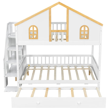 Merax Full Over Full Wooden Bunk Bed with Trundle and Storage Staircase, Full Size House Bunk Bed Frame with Window Door Guardrails for Teens, Boys, Girls Bedroom, White+Natural
