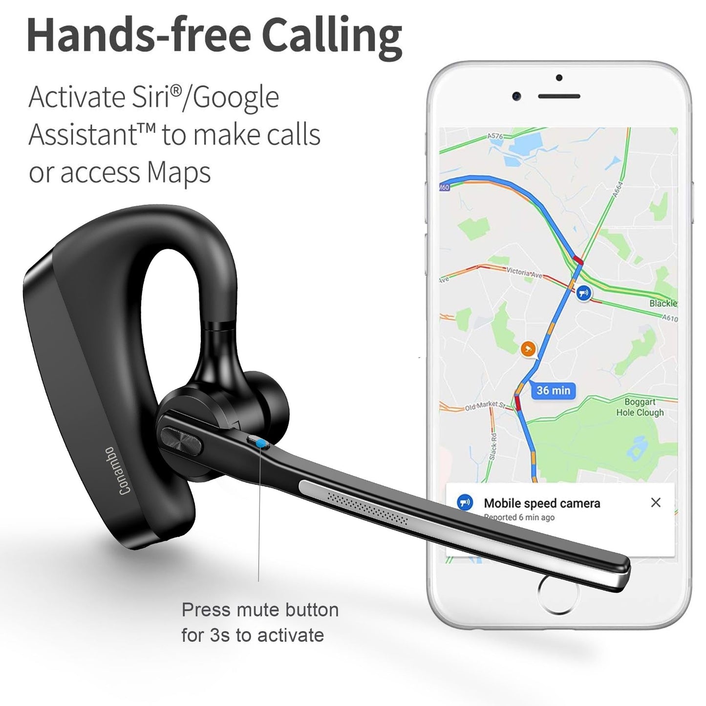 Conambo Bluetooth Headset 5.2 with CVC8.0 Dual Mic Noise Cancelling Bluetooth Earpiece 16Hrs Talktime Wireless Headset for Truck Driver iPhone Android Cell Phones