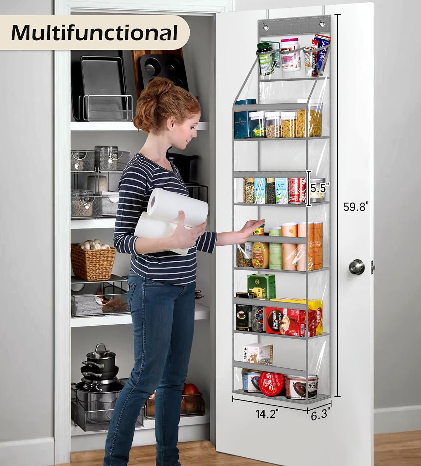 MISSLO Full Clear PVC Over the Door Organizer, Hanging Closet Storage with 5 Large Pockets for Bathroom & Bedroom