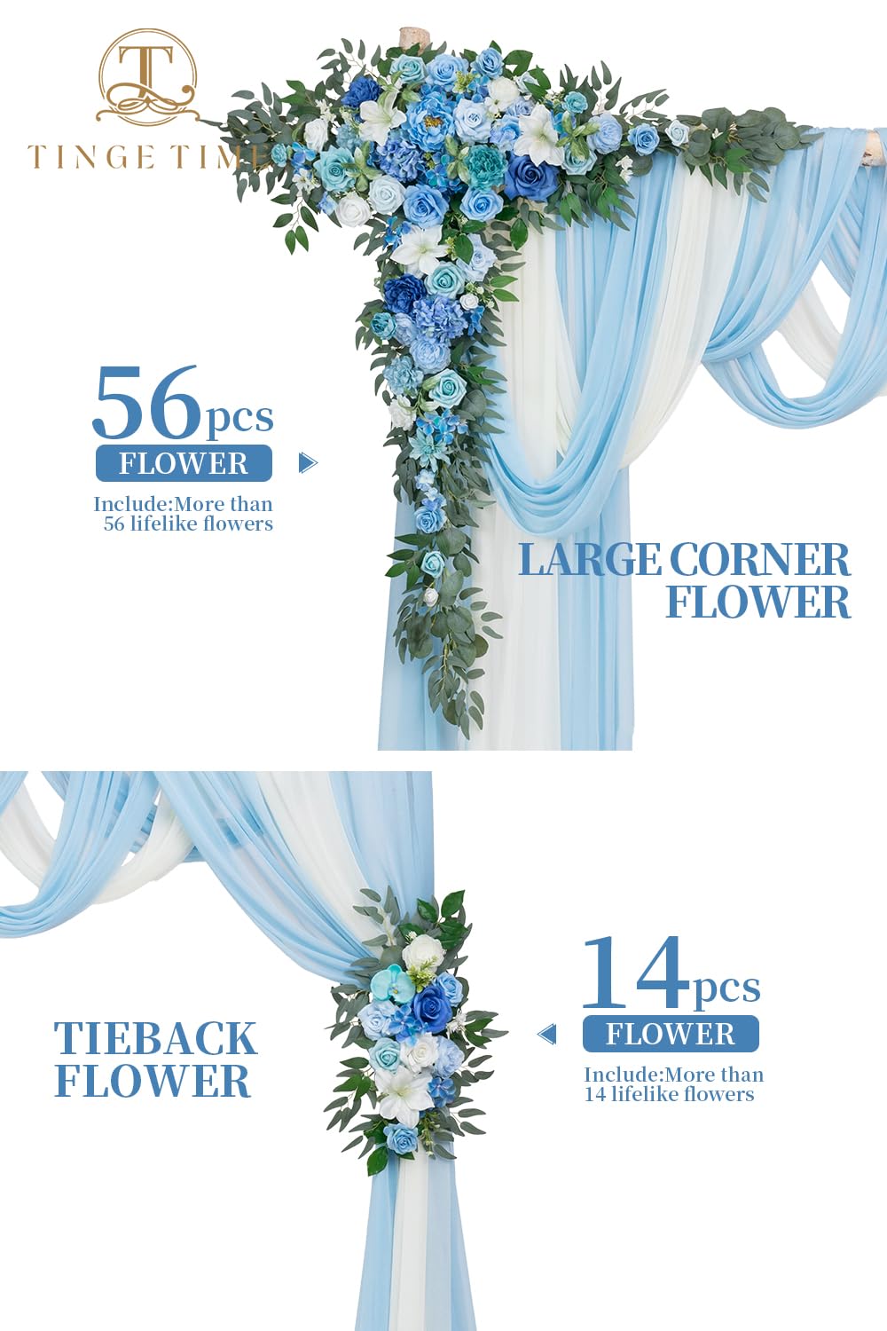 TINGE TIME Wedding Arch Flowers Kit - Deluxe 5pcs Artificial Floral Swag with 3 Sheer Drapes, Realistic Silk Flower Arrangements for Wedding Ceremony Arbor Backdrop Reception Party Home Decor