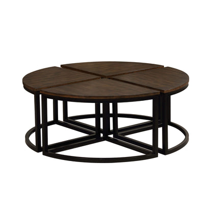 Alaterre Furniture Arcadia Round Acacia Wood Nesting Tables – 4-Piece Modular Wedge Coffee Table Set with Industrial Metal Legs – Living Room Accent Tables with Space-Saving Design (Antiqued Mocha)