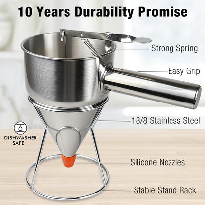 Pancake Batter Dispenser, Large 40oz/1200ml Multi-Caliber Stainless Steel Funnel Cake Dispenser with Stand for Commercial and Home Use