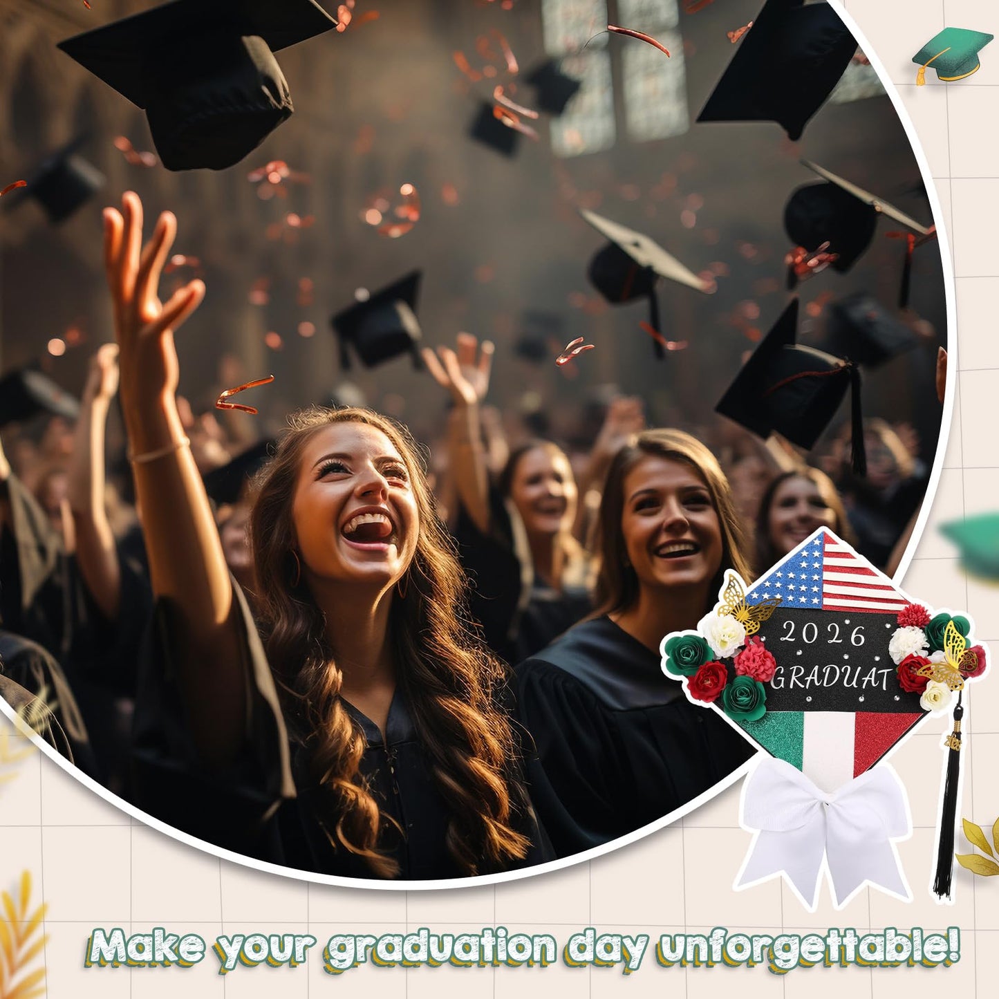 WinnerWhy 51Pcs DIY Mexican American Flag Graduation Cap Decorations 2026 Handmade Mexican American Grad Hat kit Included Faux Flower Heads Letter 3D Butterfly Stickers for Craft Graduation Cap Topper