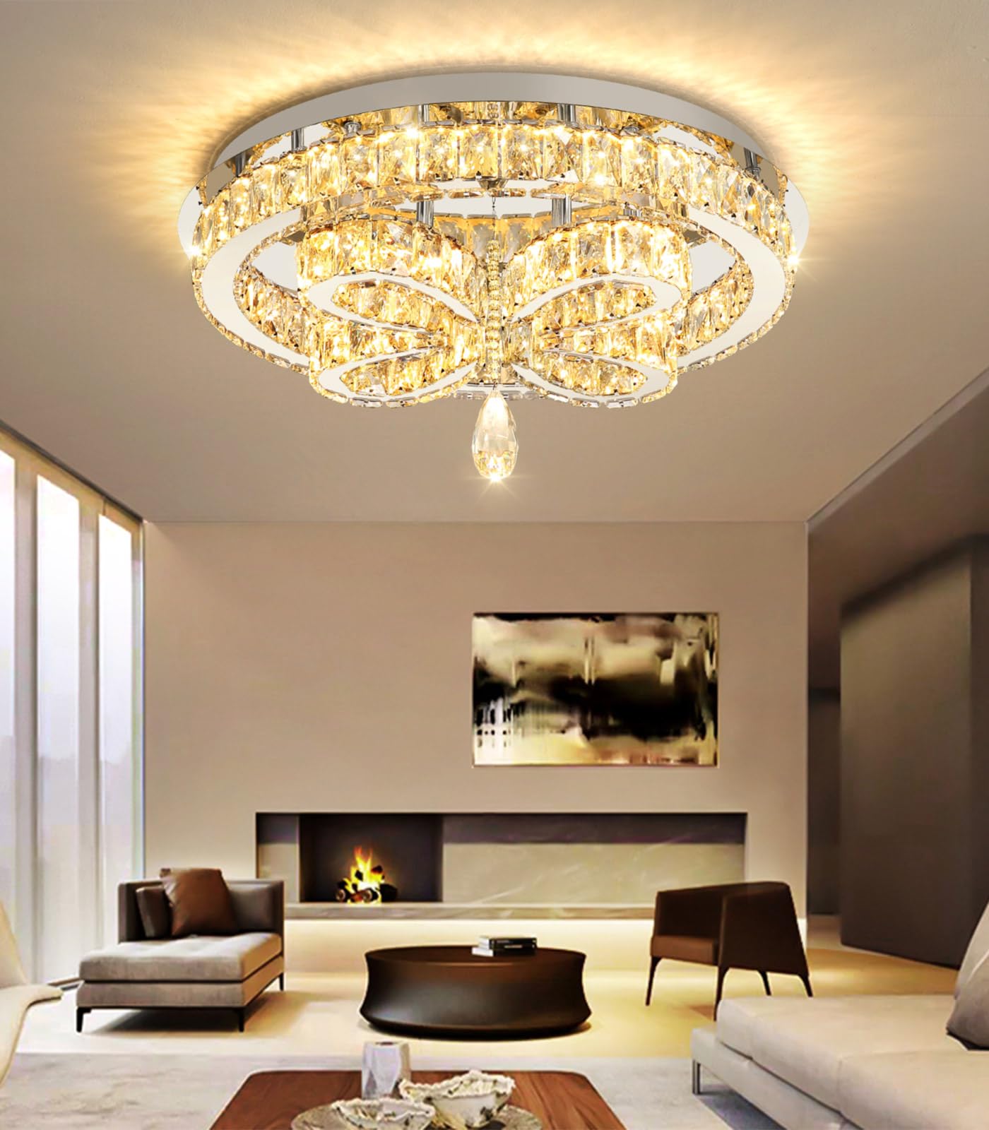 dolria Modern Crystal Chandelier LED 2-Tier Flush Mount Ceiling Lighting Dimmable Pendant Light for Living Room Bedroom Dining Room Entryway Hallway