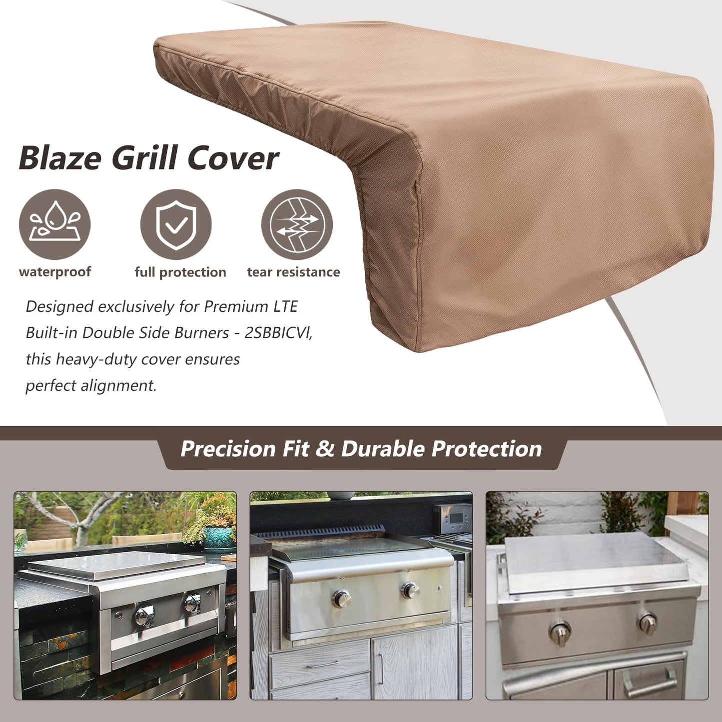 DearHoHo Cover for Blaze Premium LTE Built-in Double Side Burners - 2SBBICV,Heavy Duty 600D Waterproof Outdoor Grill Burner Cover with Plush Lining,Suitable 24''L x 13''W x 11''H,Khaki