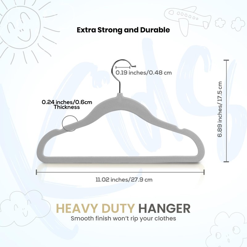 Utopia Home Kids Velvet Hangers 50 Pack – 11 Inch Non-Slip Baby Hangers for Baby and Toddlers, Durable Ultra-Slim Space-Saving Closet Organizers (Grey)