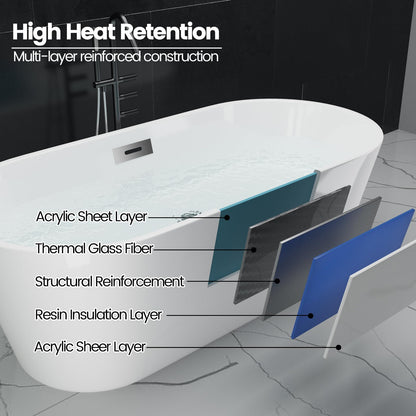67 Inch Freestanding Bathtub, Extra Large Free Standing Bath Tub, Acrylic Stand Alone Tub with Chrome Drain & Overflow, Deep Soaking Tub for Home Spa Bathroom, White