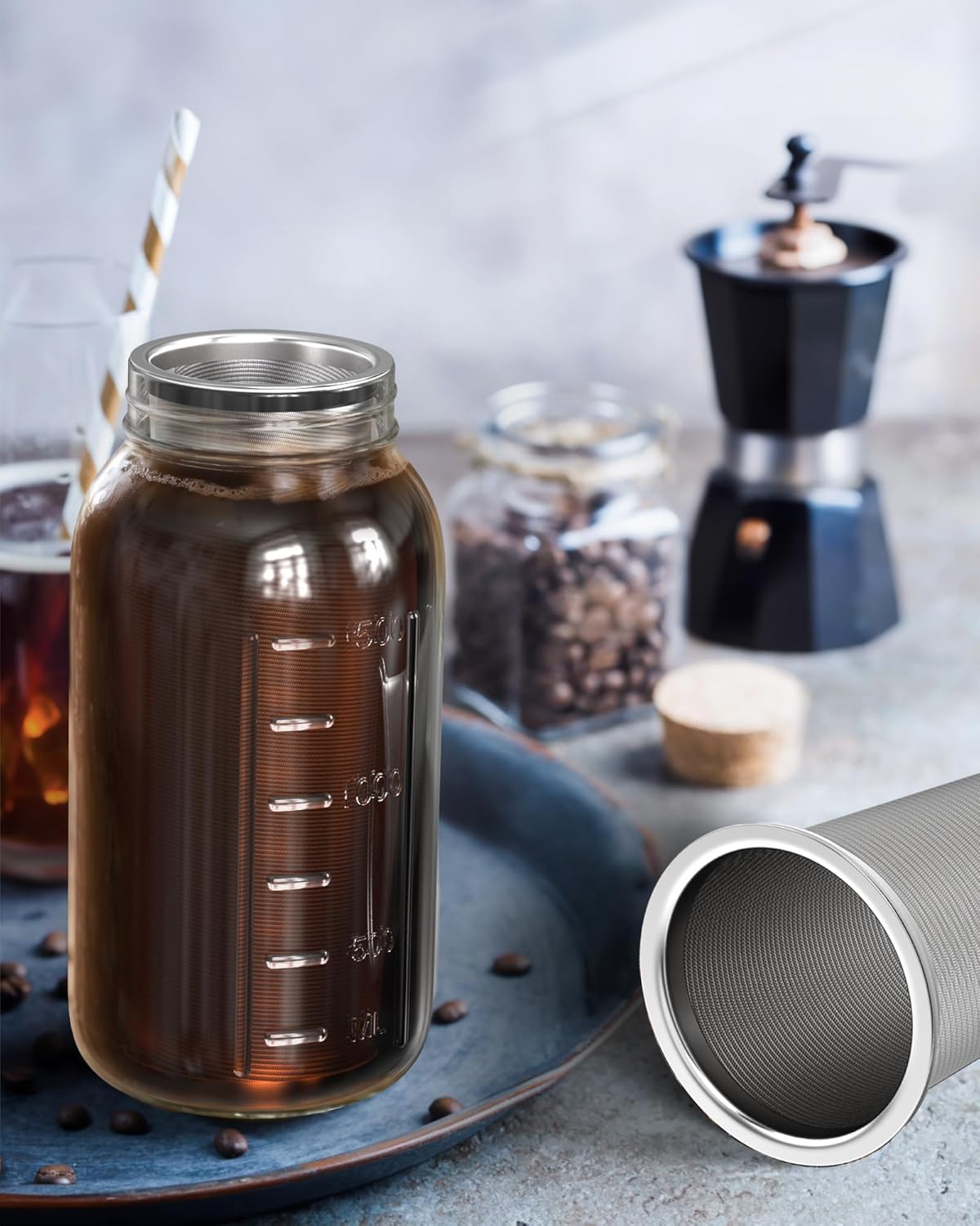 Fine Mesh Cold Brew Coffee Filter for 32oz Wide Mouth Mason Jars, 304 Stainless Steel Strainer with Seal Ring