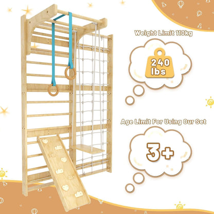 7-in-1 Swedish Ladder, Wooden Climbing Wall Ladder for Kids and Adults, Montessori Climber Playset with Pull-Up Bar, Indoor Climbing Gym, Kids Playground