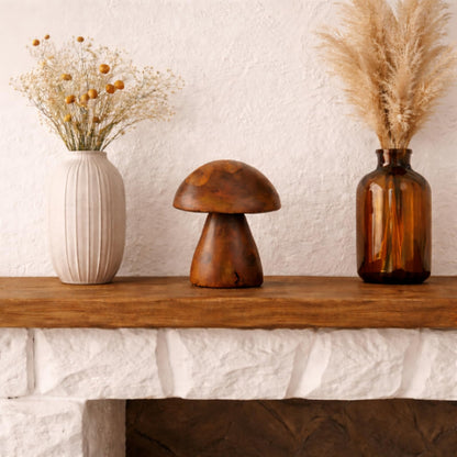 JOLLYMER Handmade Teak Wood Mushroom Decor Statue, Rustic Wooden Sculpture Accent for Living Room, Boho Tabletop Figurine, Natural Solid Wood Home Decoration for Indoor