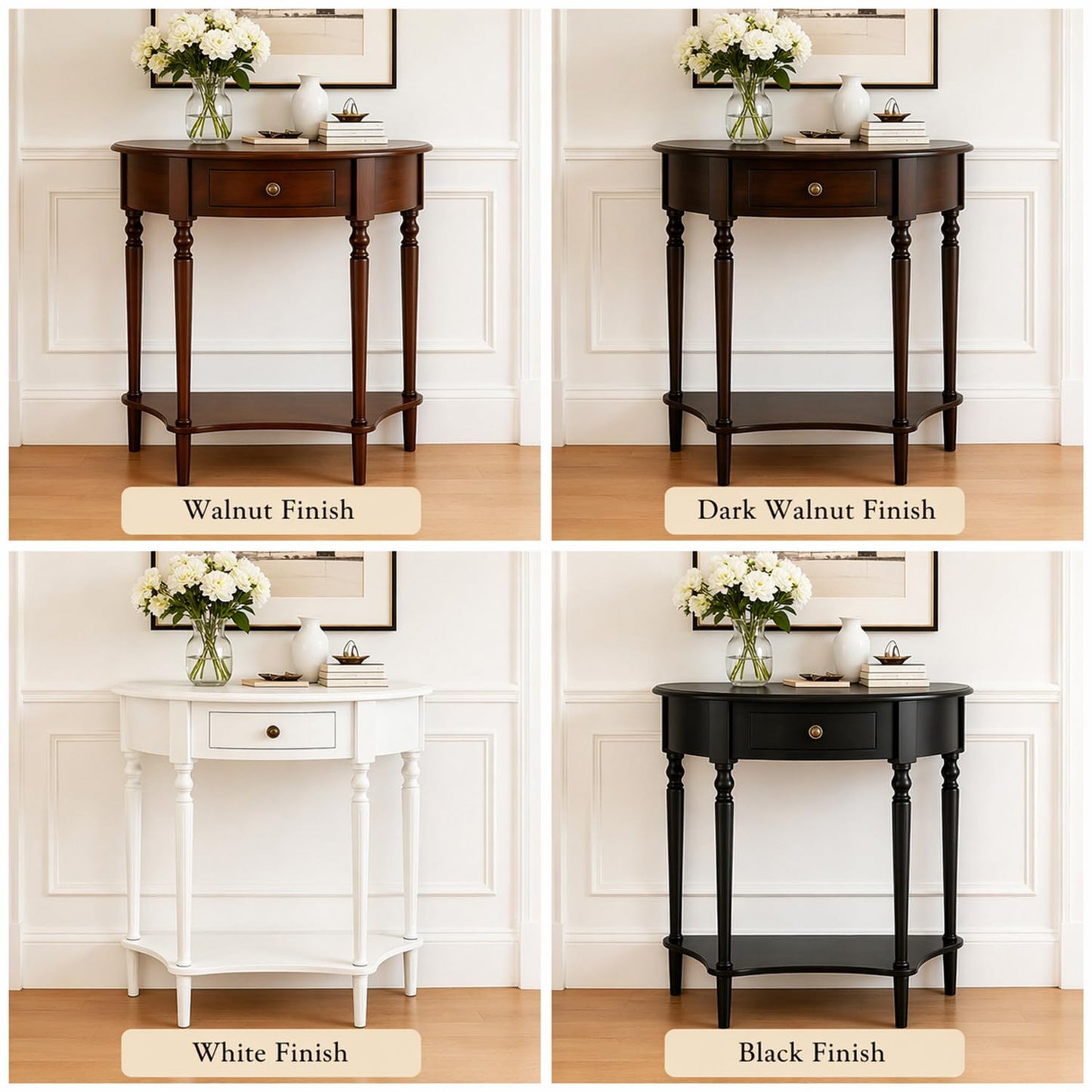 YNVHKFN Half Moon Console Table - Solid Wood Entryway Table with Drawer & Shelf, Narrow Sofa Table for Hallway, Curved Accent Table for Living Room, Foyer, Small Space Storage Table
