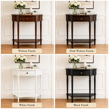 YNVHKFN Half Moon Console Table - Solid Wood Entryway Table with Drawer & Shelf, Narrow Sofa Table for Hallway, Curved Accent Table for Living Room, Foyer, Small Space Storage Table