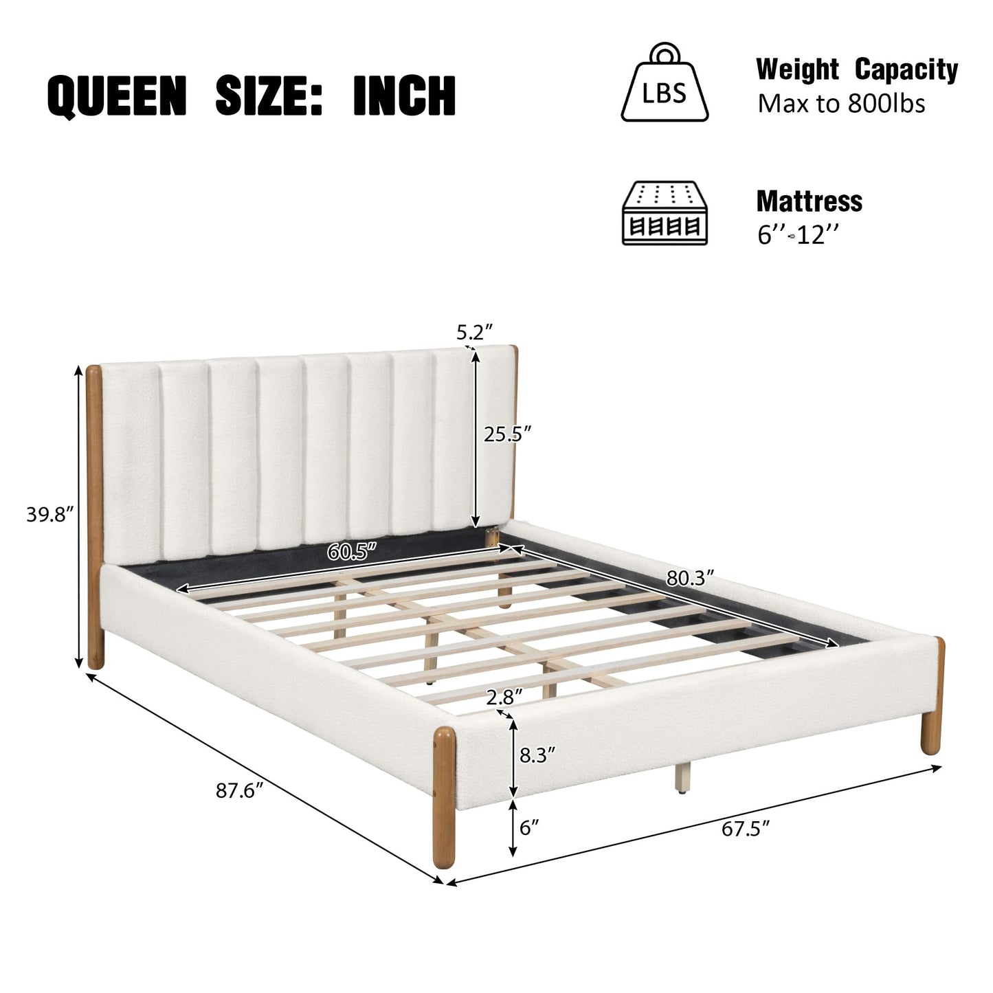 Ball & Cast Queen Size Bed Frame with Thick Boucle Upholstered Headboard, Solid Wood Legs, No Box Spring Needed Platform Bed, Underbed Storage Space,White