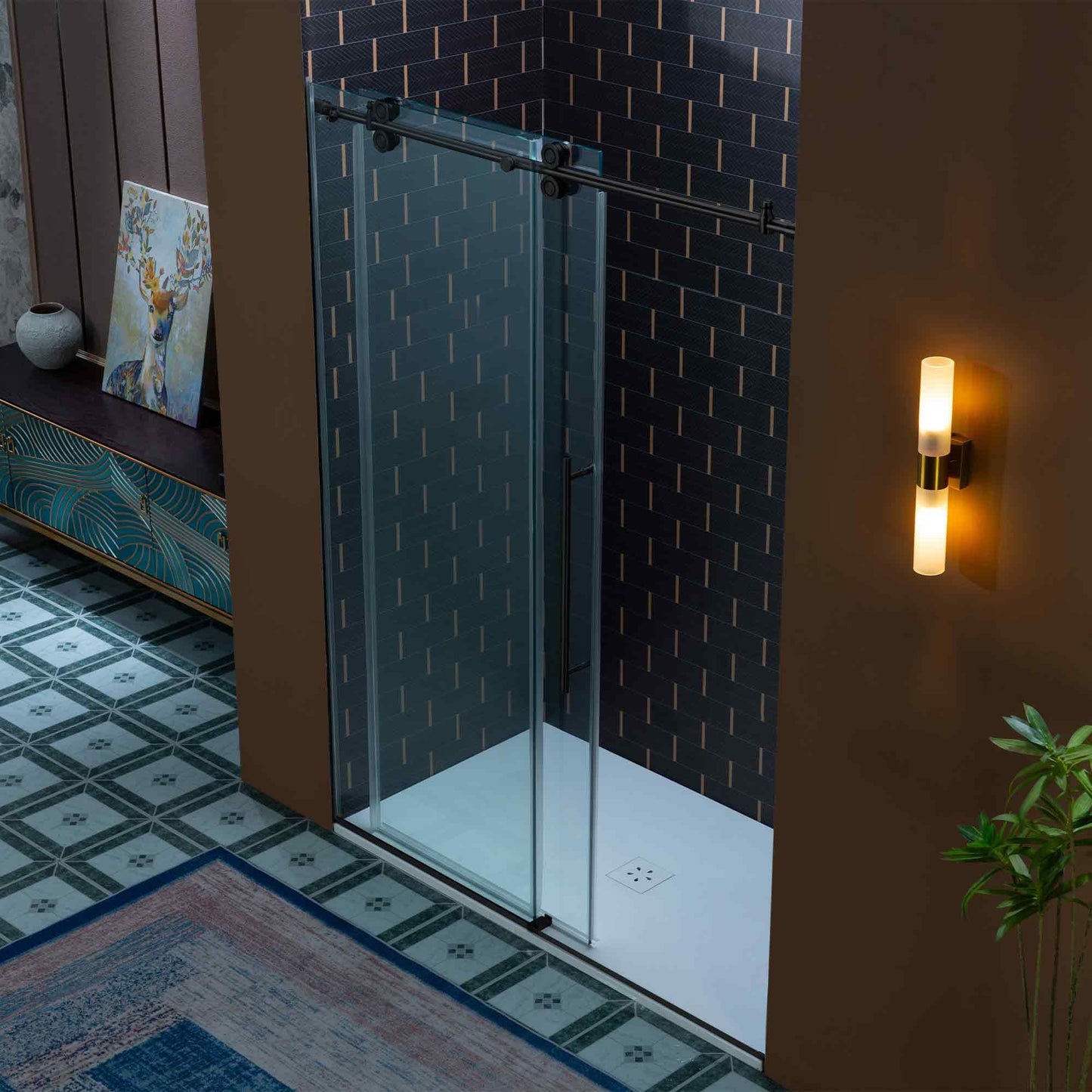 Woodbridge 56-60" W x 80" H Frameless Single Sliding Shower Door with Double Rollers,3/8(10mm) Tempered Glass with Explosion Proof Film in Matte Black Finish