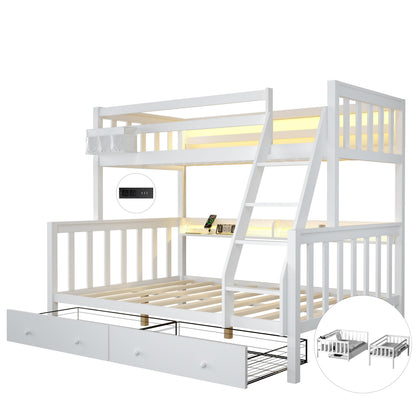 FJTJBSI Solid Wood Bunk Bed with Charging Station and LED Lights Detachable Bunk Bed Twin Over Twin with 2 Storage Drawers Full Size Bed Frame with Guardrail and Ladder for Kids Adults Bedroom