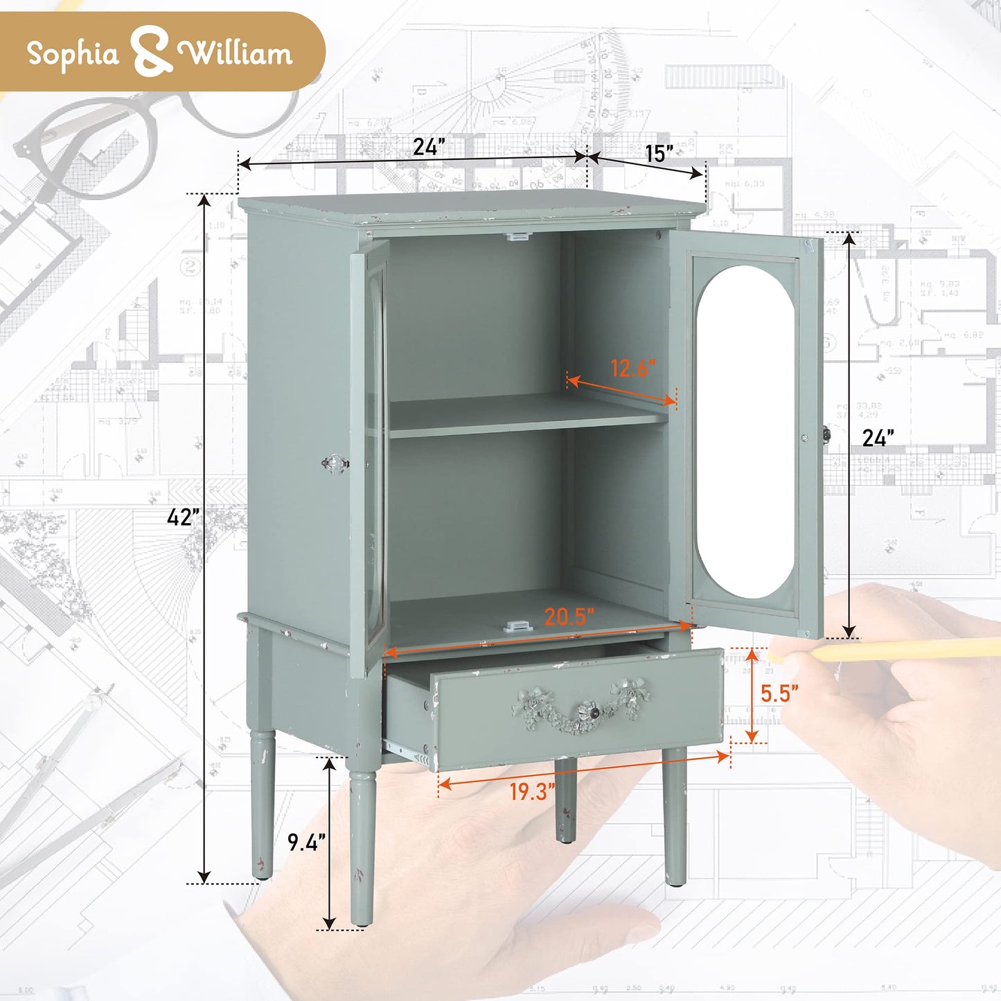 Sophia & William Accent Cabinet, Sideboards Buffets Cabinet, Antique China Cabinet with 2 Glass Doors and 1 Drawer for Kitchen Dining Room, Mint Green