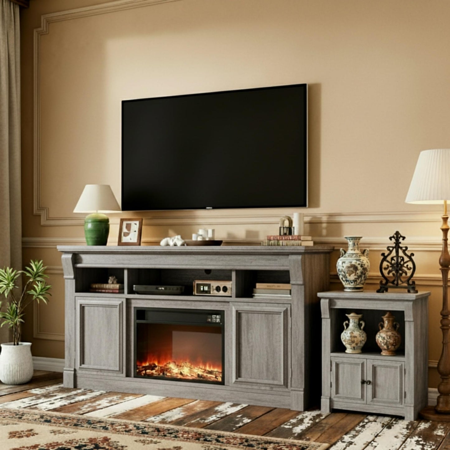 GarveeLife 58" Fireplace TV Stand for TVs Up to 65, Modern Farmhouse Entertainment Center with 30'' Electric Fireplace, Remote Control Realistic 3D Flame, Media Console with Storage Shelves, Gray