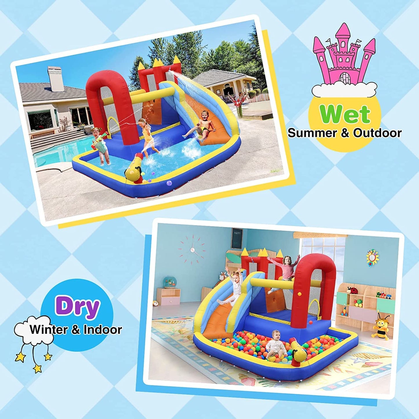 JOYLDIAS Inflatable Water Slide Bounce House,Slide Bouncer Castle Playhouse w/Splash Pool,Jump Area, Climbing Wall,Basketball Hoop,450W Air Blower for Kids Backyard Indoor Outdoor Use,Free Water Gun