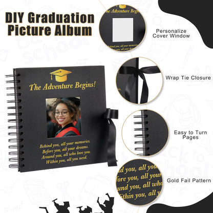 Fullhawl Graduation Scrapbook Kit 8 x 8 Inch Gold Black Grad Memory Book DIY Graduation Picture Album with Stickers and Markers for College High School Graduation Gifts Party Supplies, 40 Sheets
