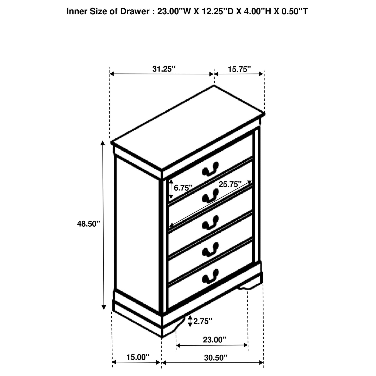 Coaster Home Furnishings - Louis Philippe - Wood - 5-Drawer Chest with Bail Handles, Molded Trim and Bracket Feet - Traditional - Bedroom - White - 202445