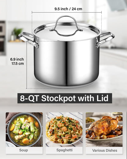 Cooks Standard 18/10 Stainless Steel Stockpot 8-Quart, Classic Deep Cooking Pot Canning Cookware with Stainless Steel Lid, Silver