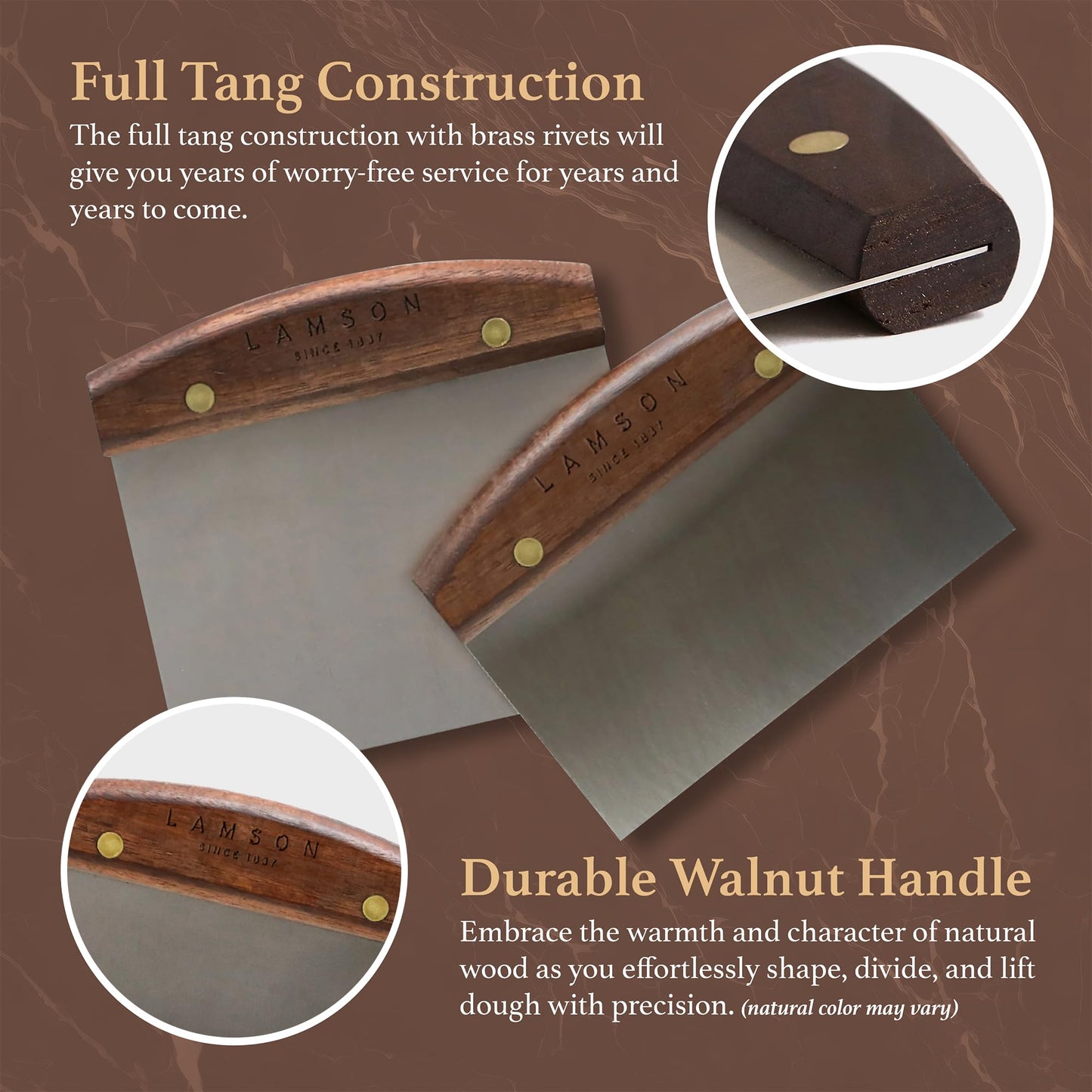 Lamson Kitchen Utensils - 3" x 6" Bench Scraper, High-Carbon Stainless Steel Dough Scraper, Ergonomic Riveted Walnut Handle, Handcrafted, Full-Tang Design, Built to Last