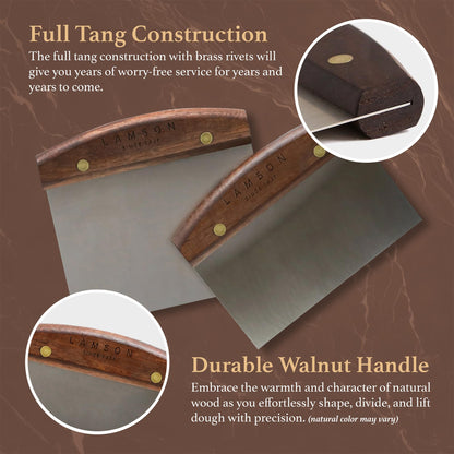 Lamson Kitchen Utensils - 3" x 6" Bench Scraper, High-Carbon Stainless Steel Dough Scraper, Ergonomic Riveted Walnut Handle, Handcrafted, Full-Tang Design, Built to Last