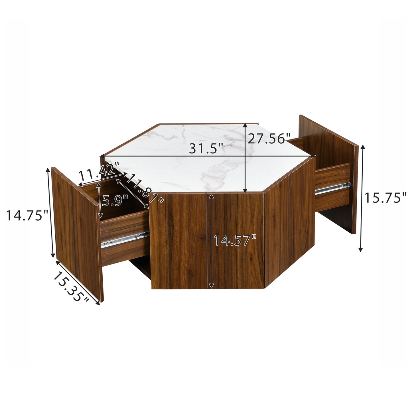 Merax Rustic Retro Coffee Table with 2 Hidden Drawers, Hexagonal Wooden Living Room Table with Textured White Marble Tops, Walunt Oak Finish