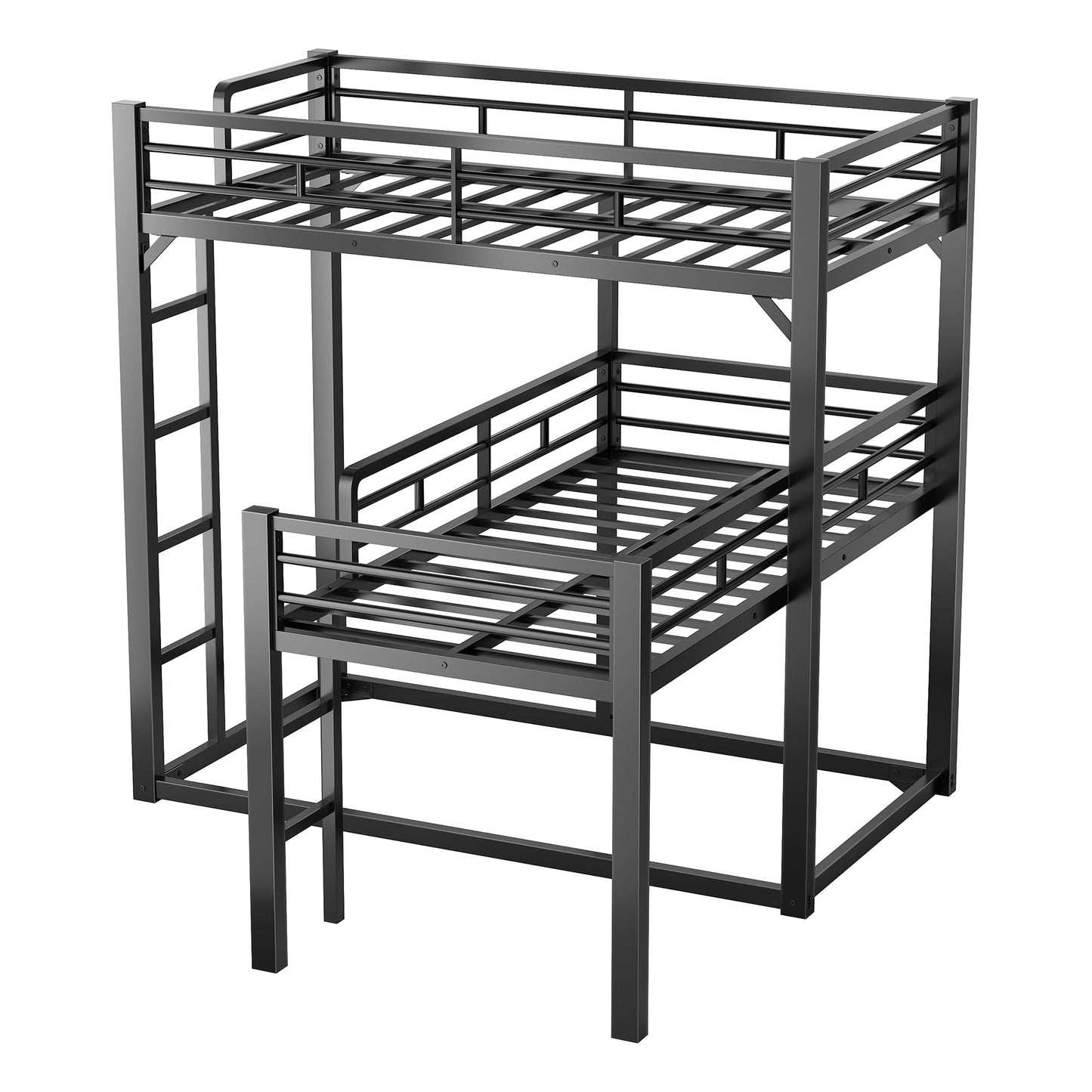 PVWIIK Heavy Duty L-Shaped Triple Bunk Bed for Kids Bedroom,Twin Over Twin Over Twin Metal Bunkbeds with Ladder & Safety Guardrail,Easy Assembly Metal Bed Frame, Black